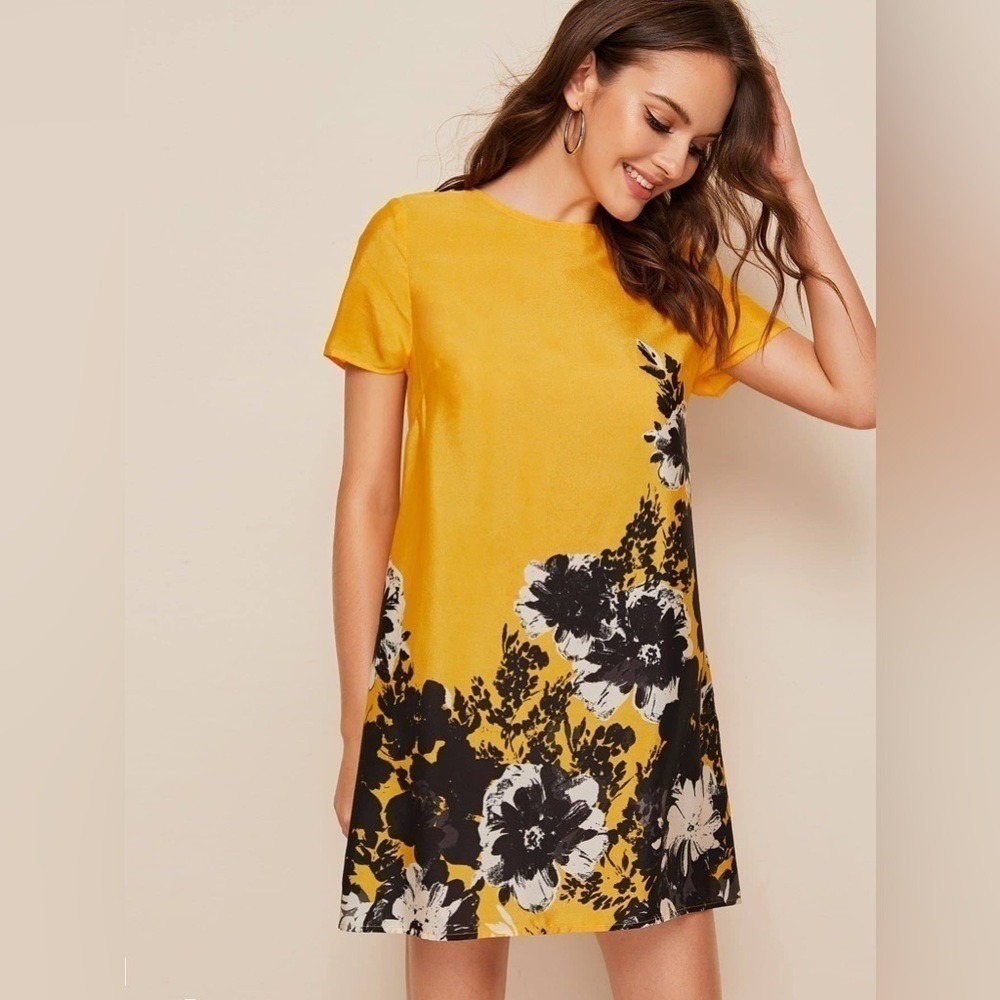 Black/Yellow/White Floral Tunic Dress